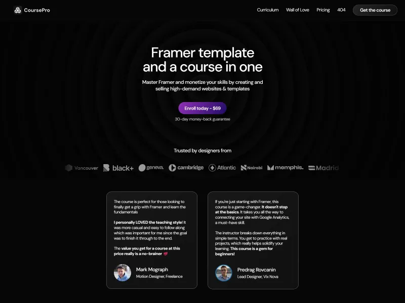 Coursepro online course template framplates framer templates